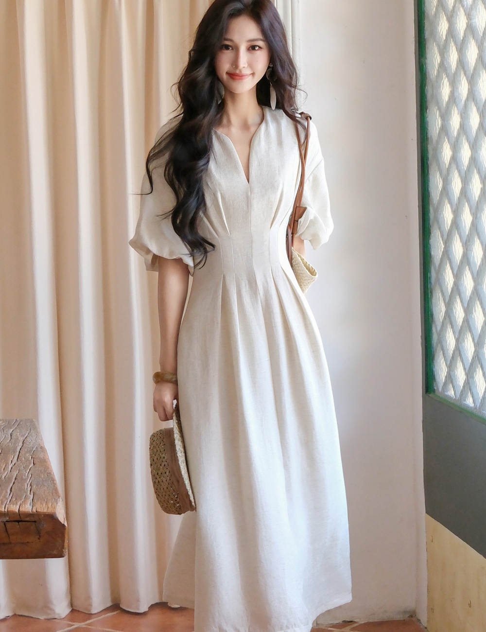 Small fellow dress flax long dress for women
