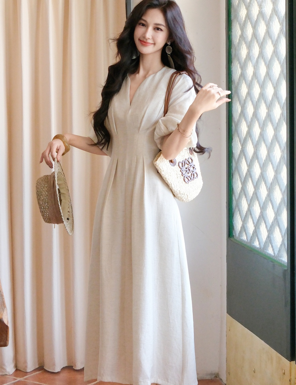 Small fellow dress flax long dress for women