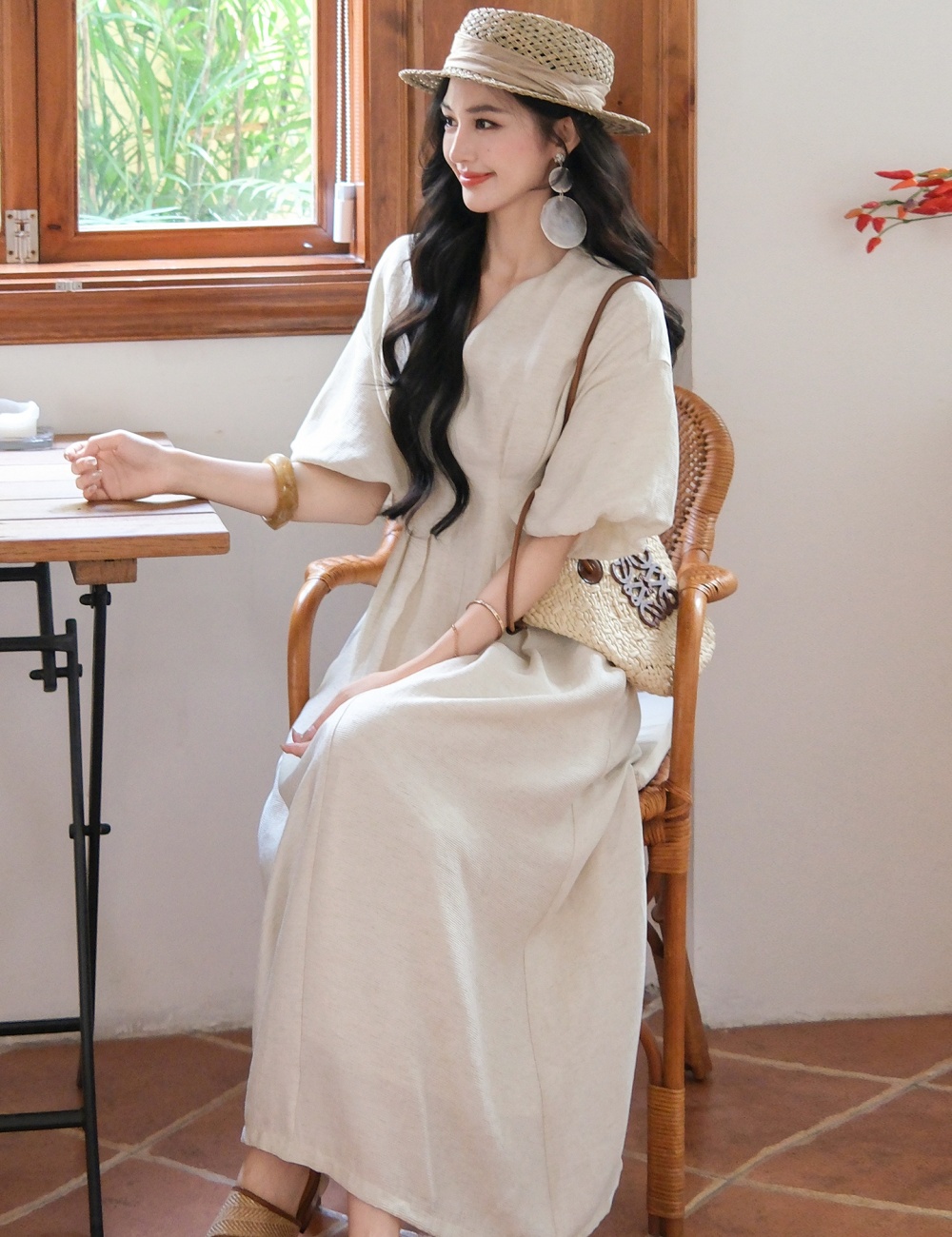 Small fellow dress flax long dress for women
