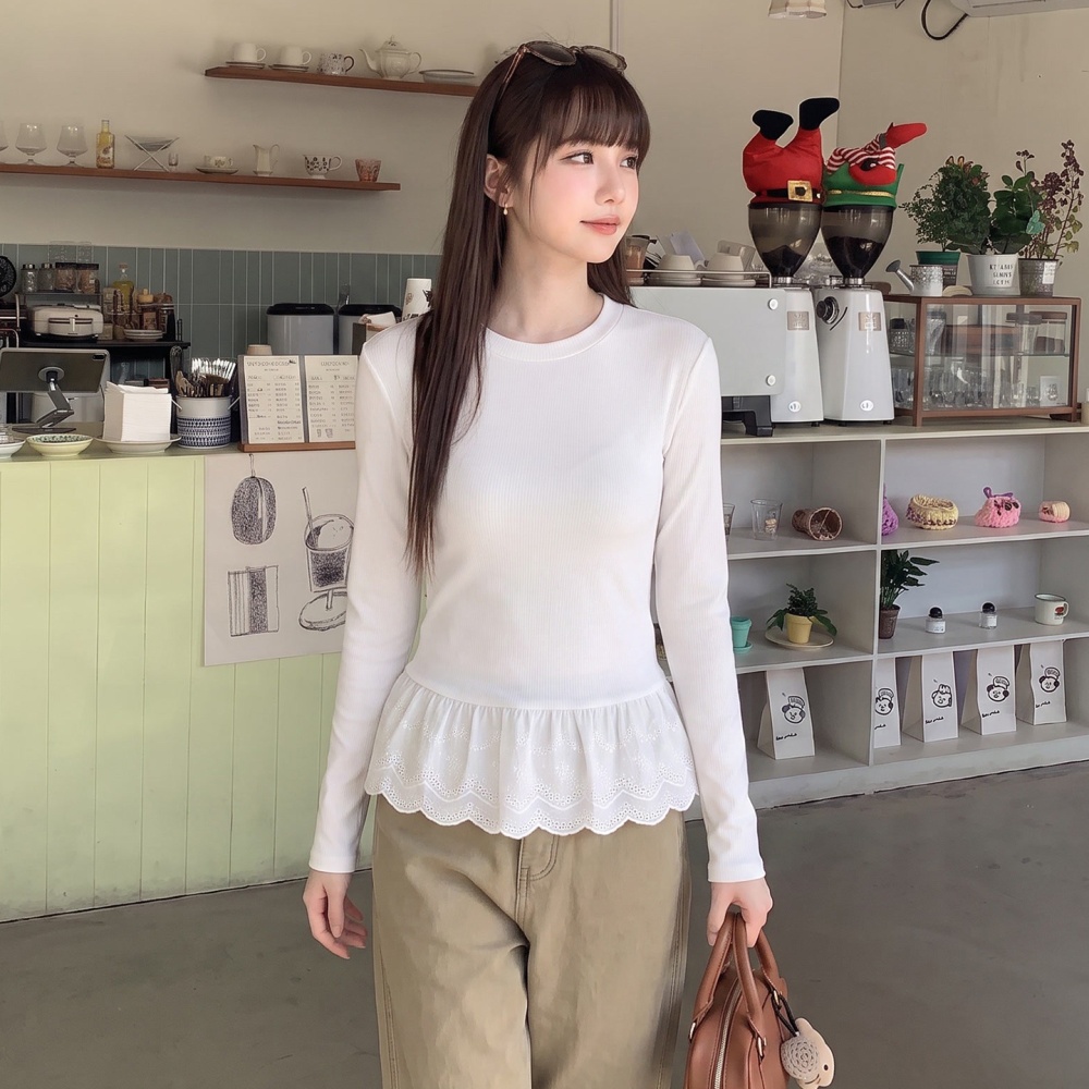Autumn inside the ride tops bottoming lace T-shirt for women