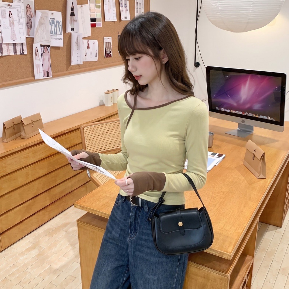 Mixed colors tops splice bottoming shirt for women