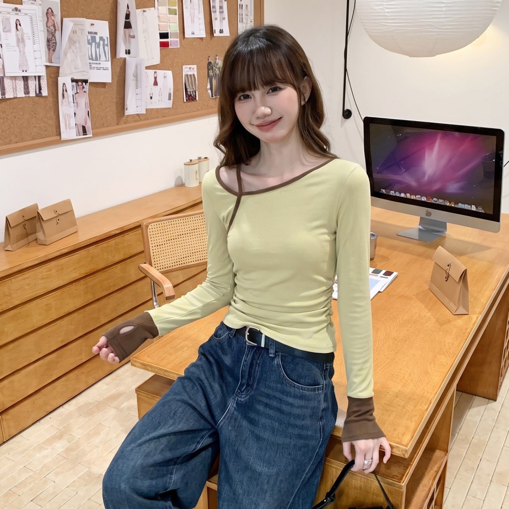 Mixed colors tops splice bottoming shirt for women