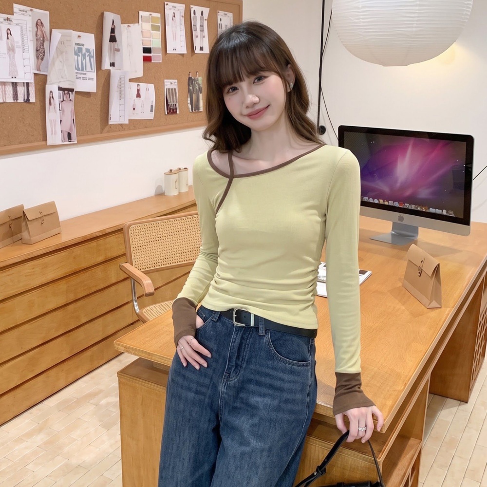 Mixed colors tops splice bottoming shirt for women