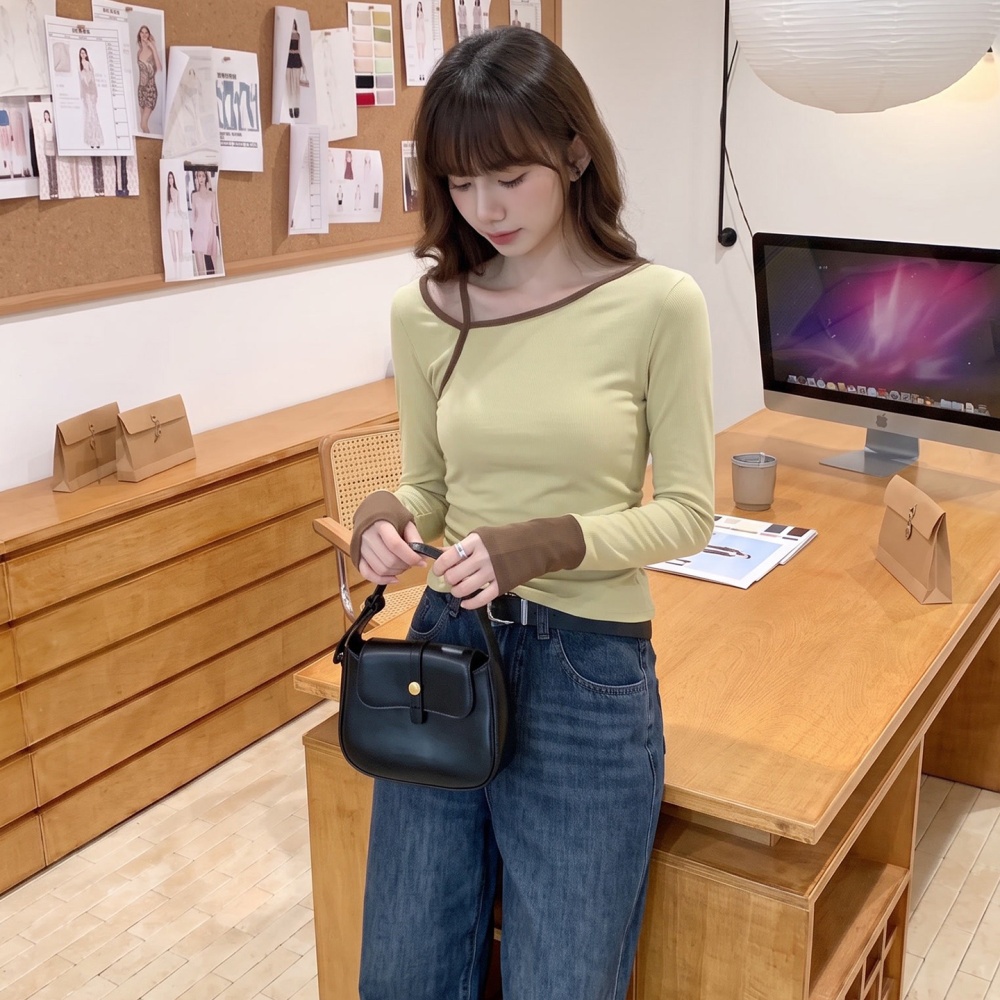 Mixed colors tops splice bottoming shirt for women