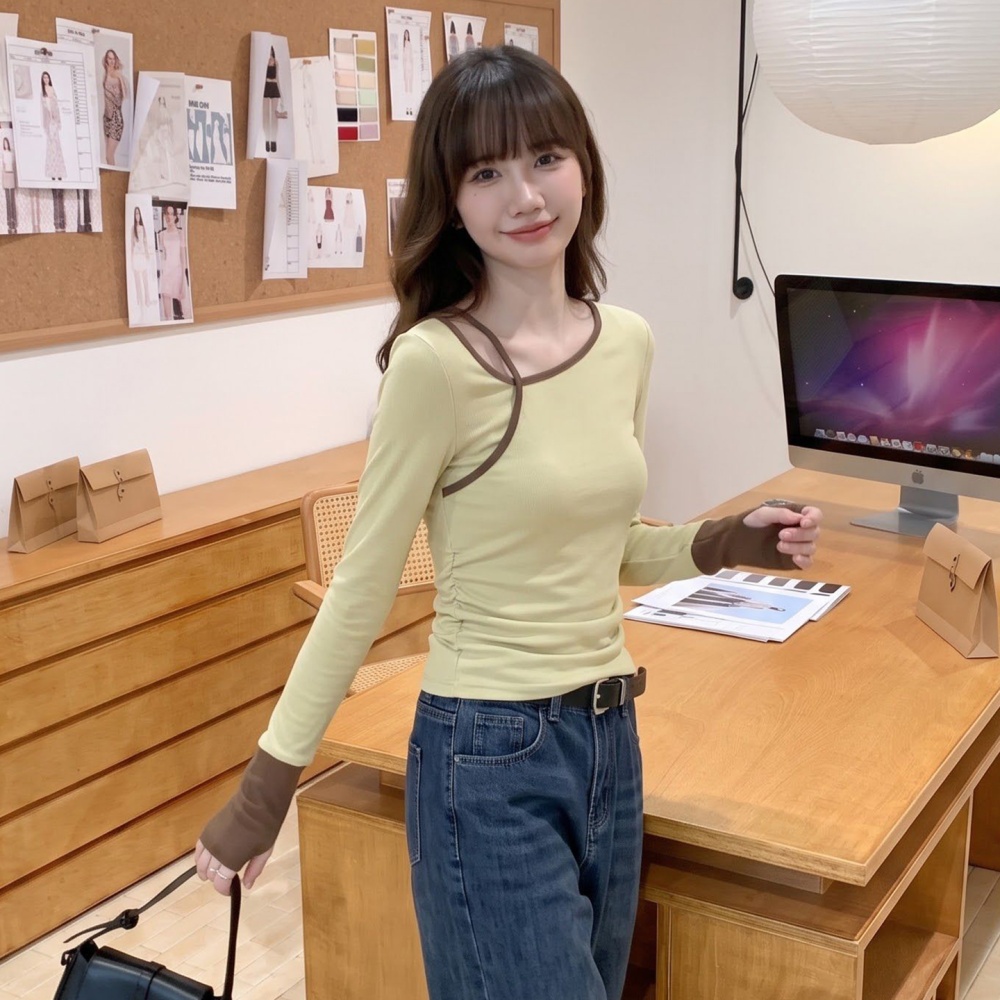 Mixed colors tops splice bottoming shirt for women