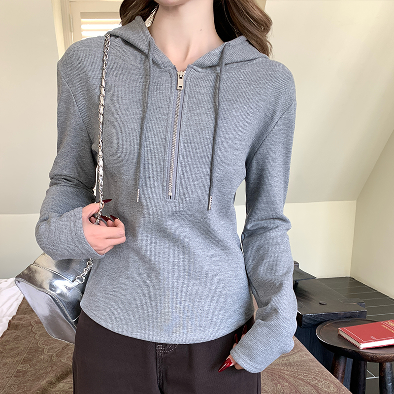 Long sleeve hooded T-shirt half zip hoodie for women