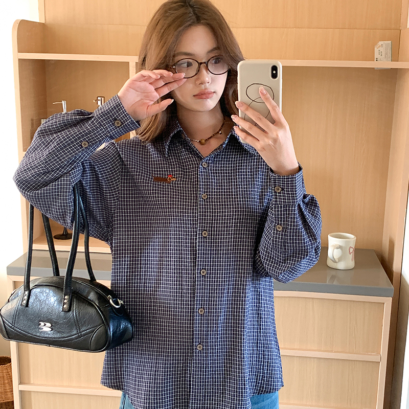 Korean style all-match shirt autumn plaid tops for women