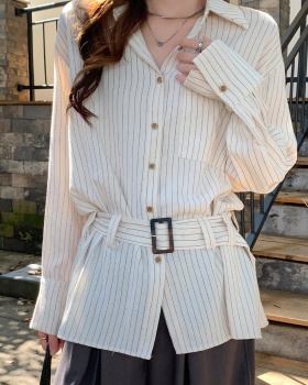 Stripe retro autumn coat long lapel pinched waist tops