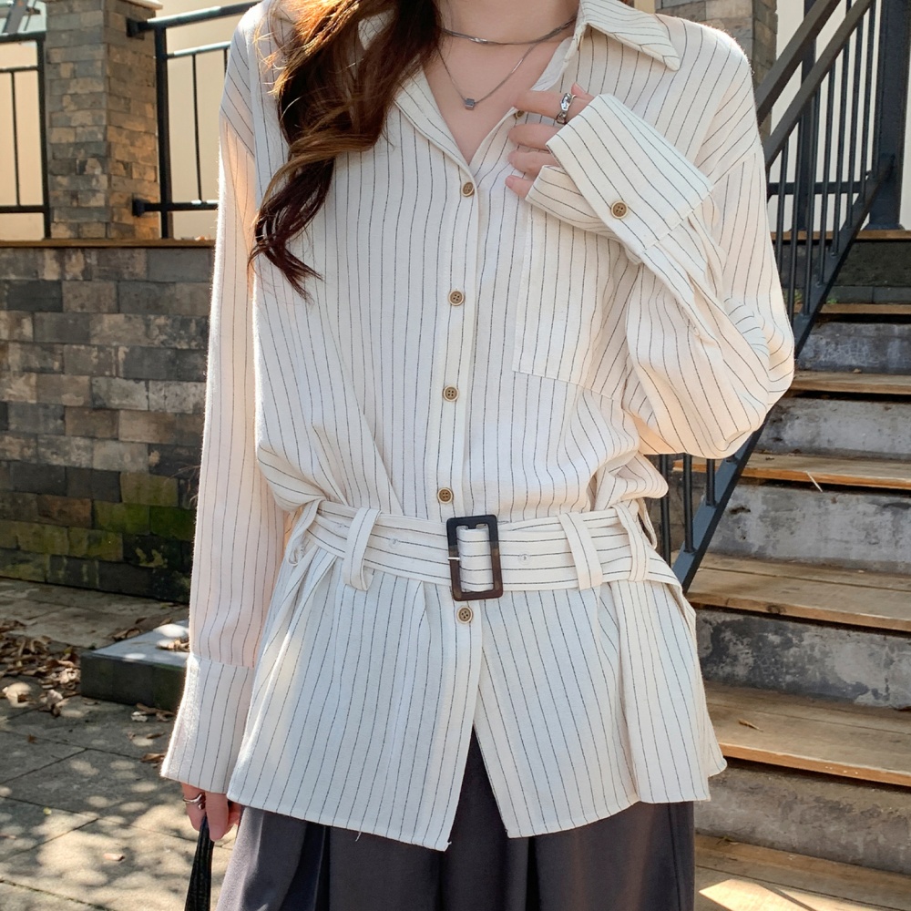 Stripe retro autumn coat long lapel pinched waist tops