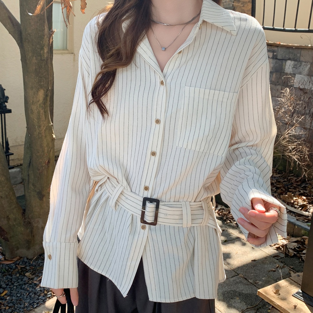 Stripe retro autumn coat long lapel pinched waist tops