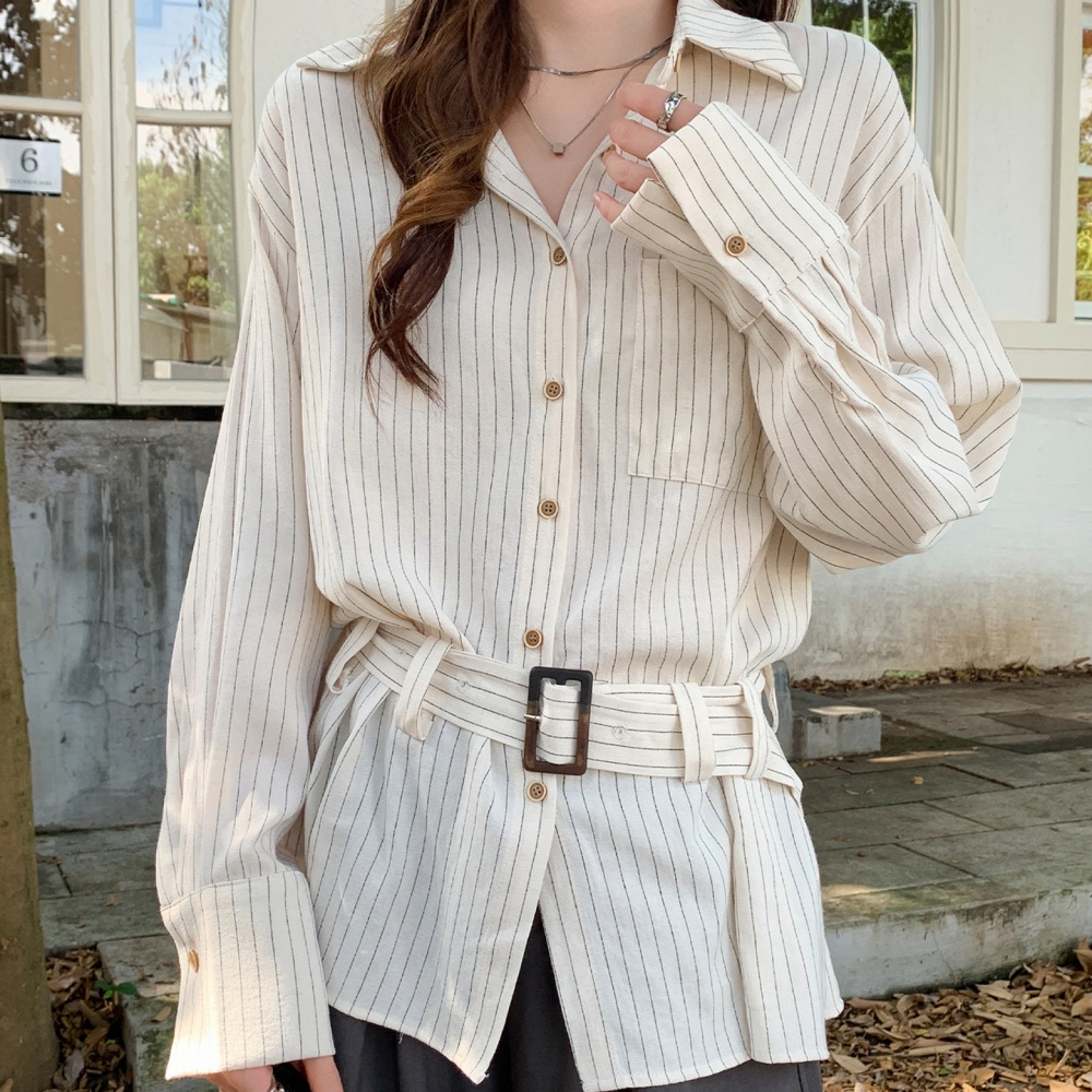 Stripe retro autumn coat long lapel pinched waist tops