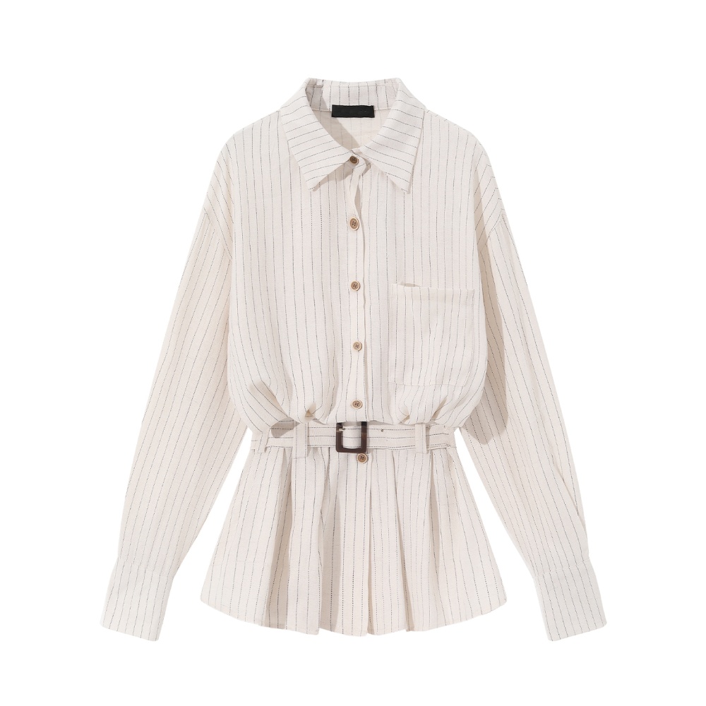 Stripe retro autumn coat long lapel pinched waist tops