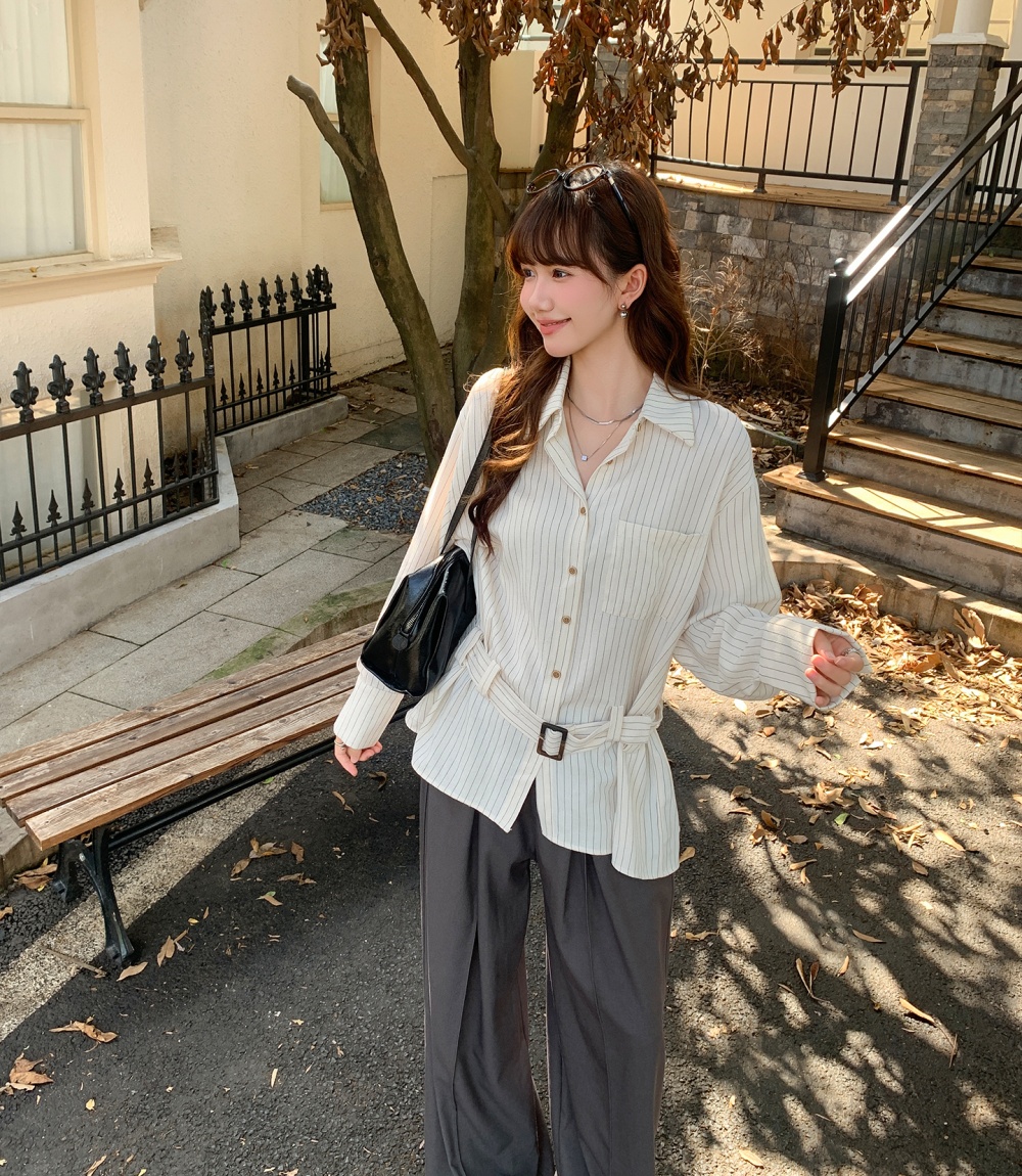 Stripe retro autumn coat long lapel pinched waist tops