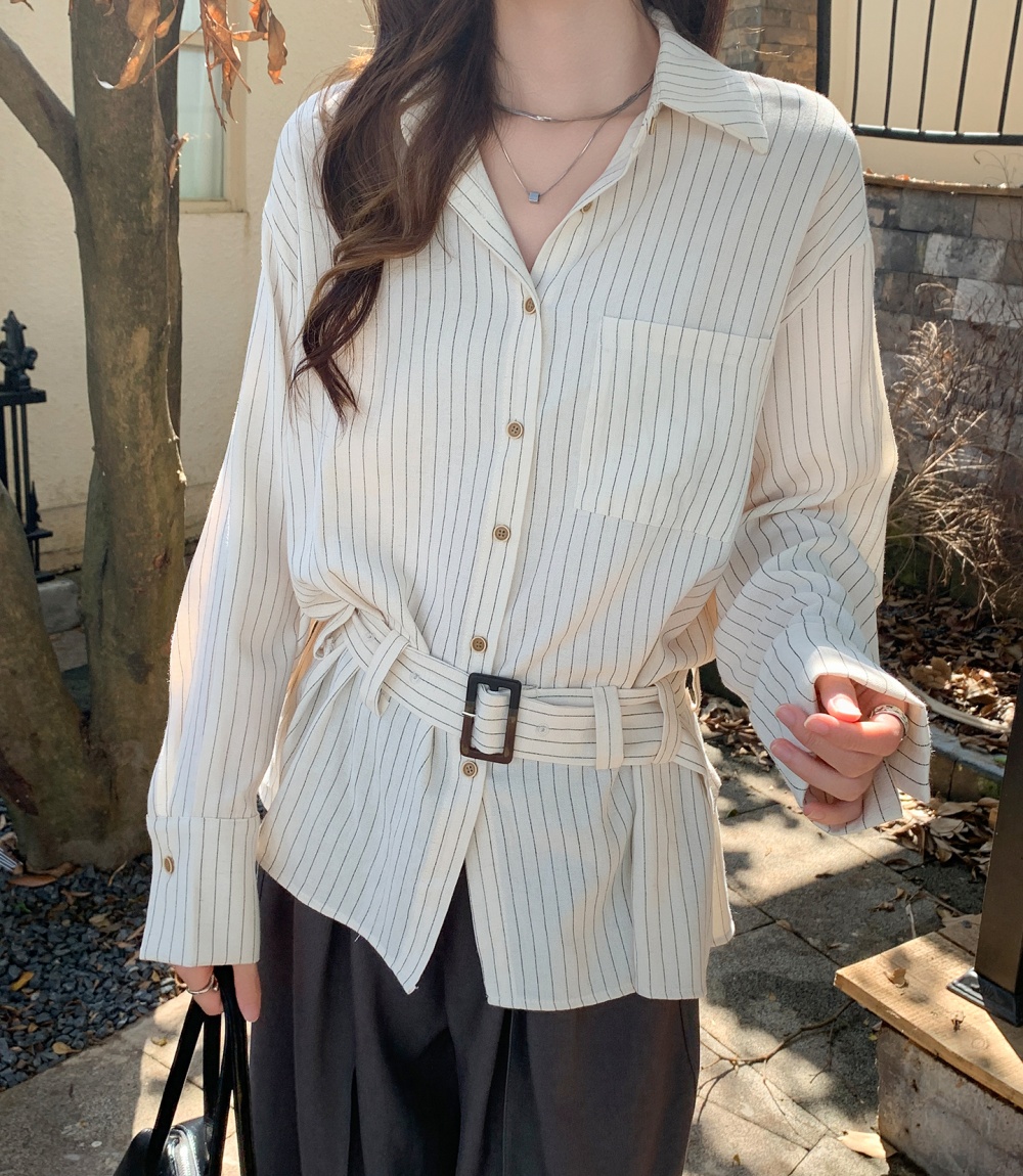 Stripe retro autumn coat long lapel pinched waist tops