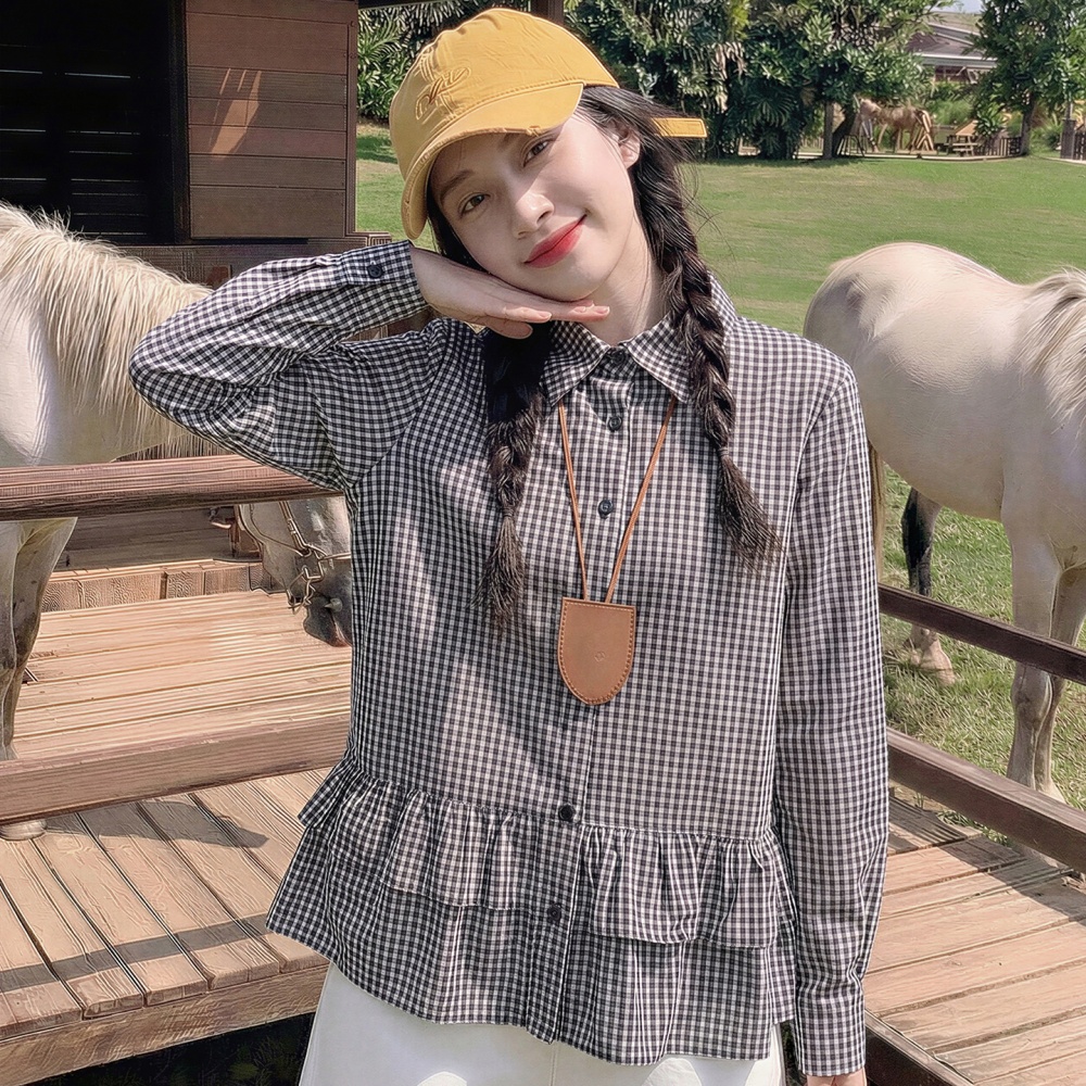 Autumn double tops loose plaid shirt for women