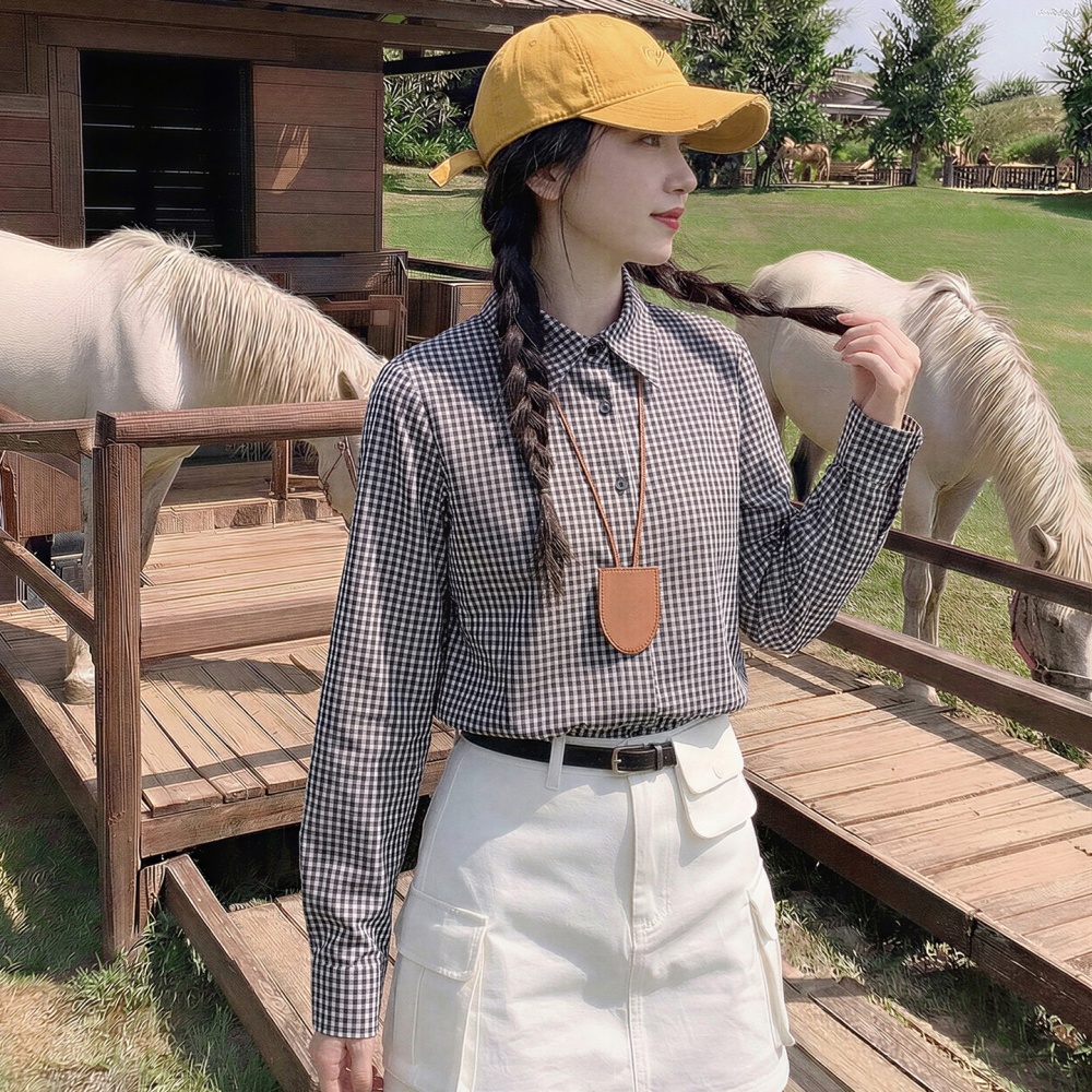 Autumn double tops loose plaid shirt for women