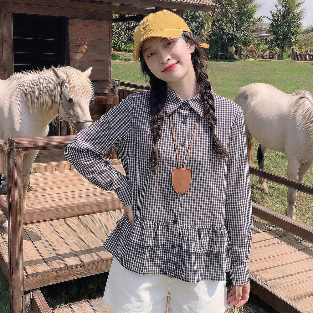 Autumn double tops loose plaid shirt for women
