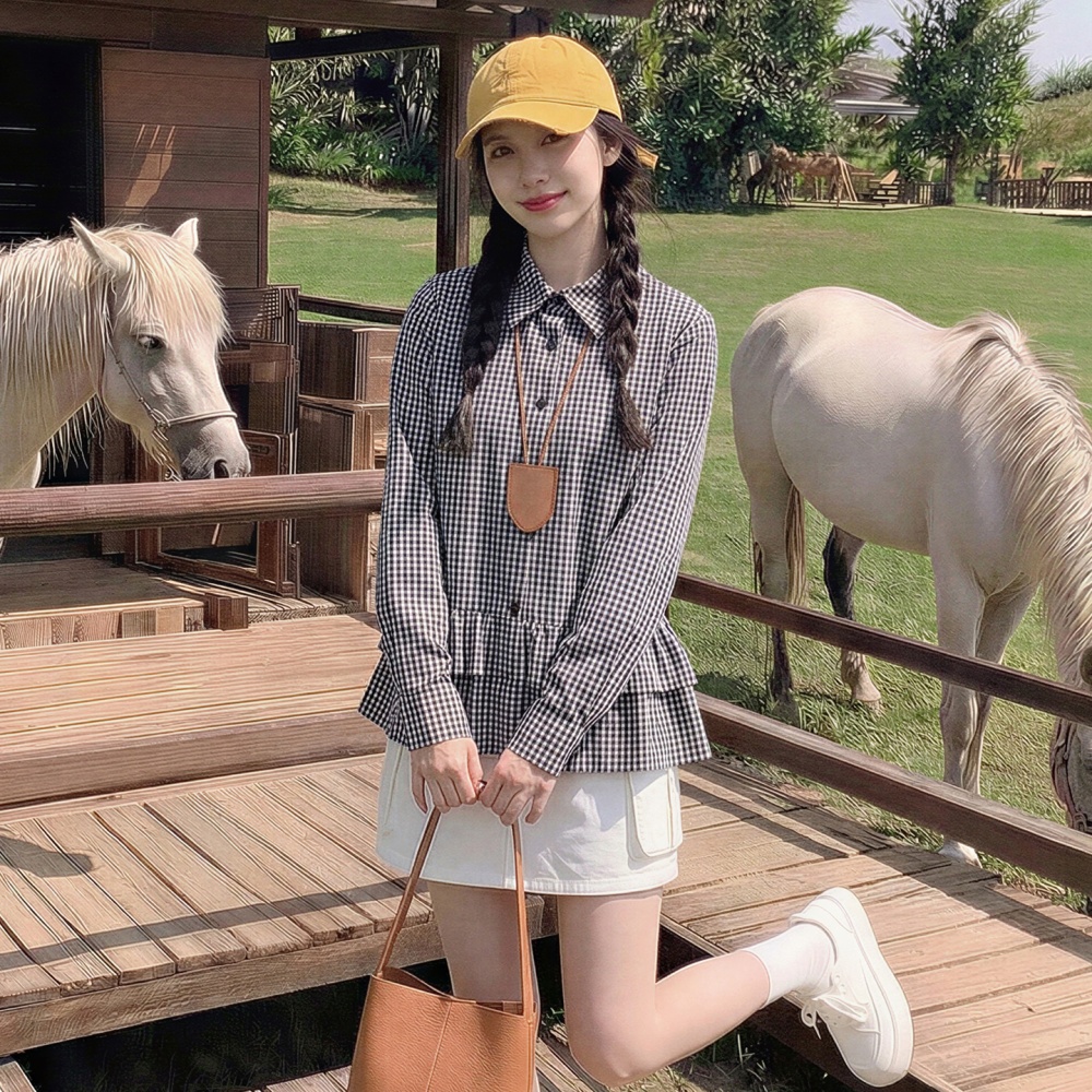 Autumn double tops loose plaid shirt for women