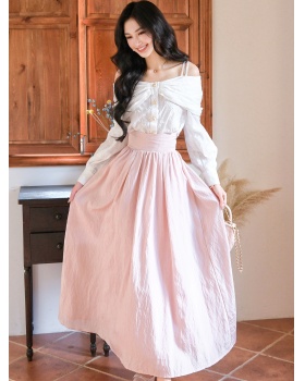 Embroidery bow France style shirt flat shoulder bandage skirt