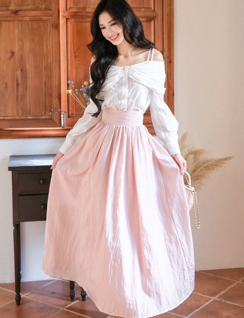 Embroidery bow France style shirt flat shoulder bandage skirt