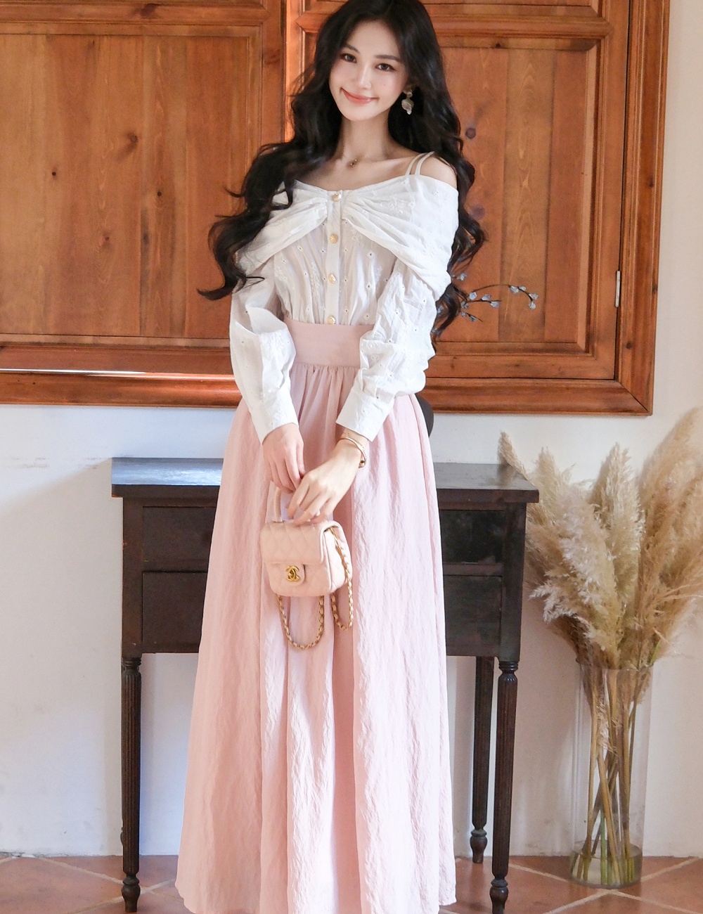 Embroidery bow France style shirt flat shoulder bandage skirt