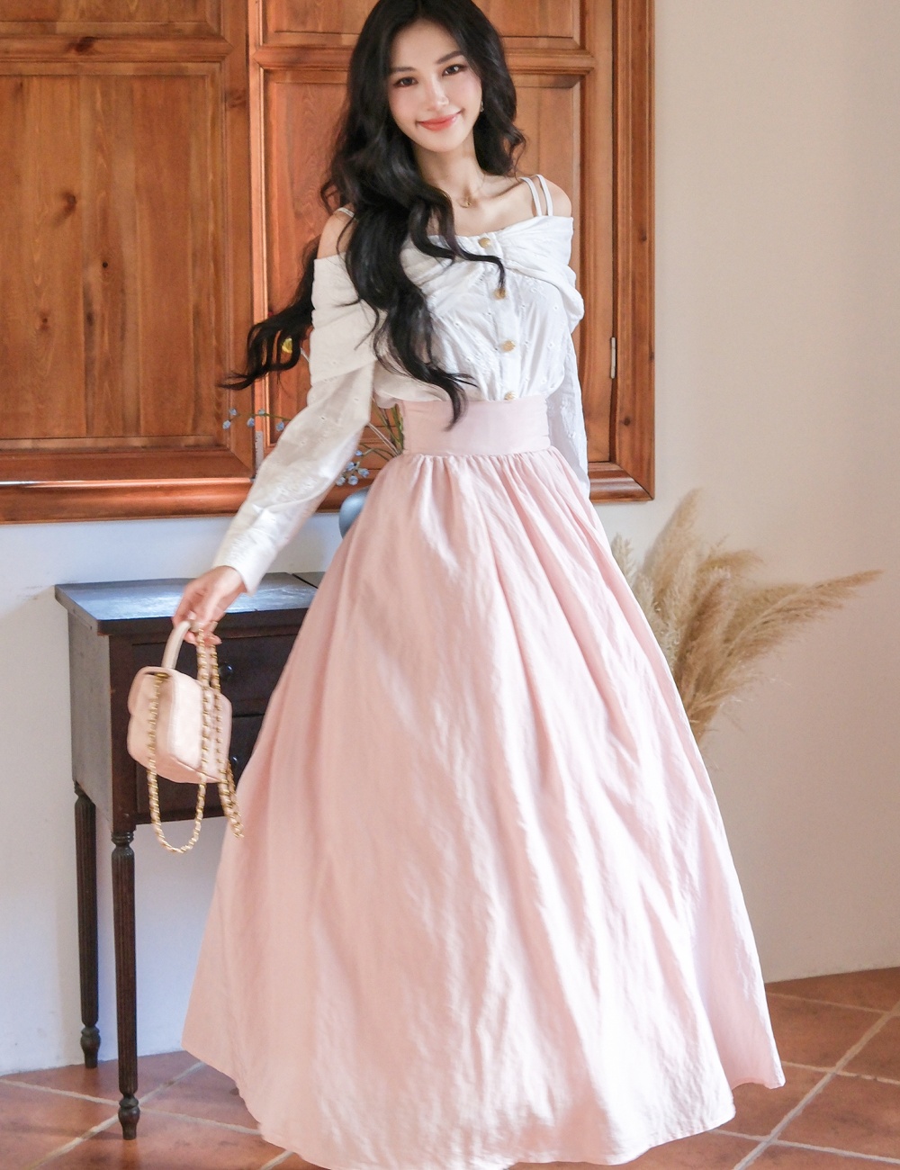 Embroidery bow France style shirt flat shoulder bandage skirt