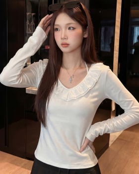 Long sleeve autumn thin tops lotus leaf edges V-neck T-shirt