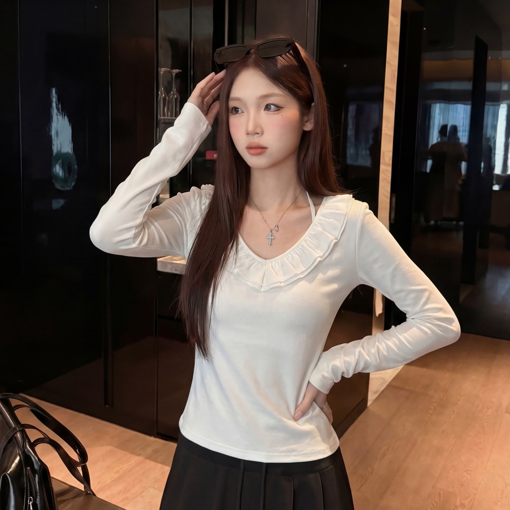 Long sleeve autumn thin tops lotus leaf edges V-neck T-shirt