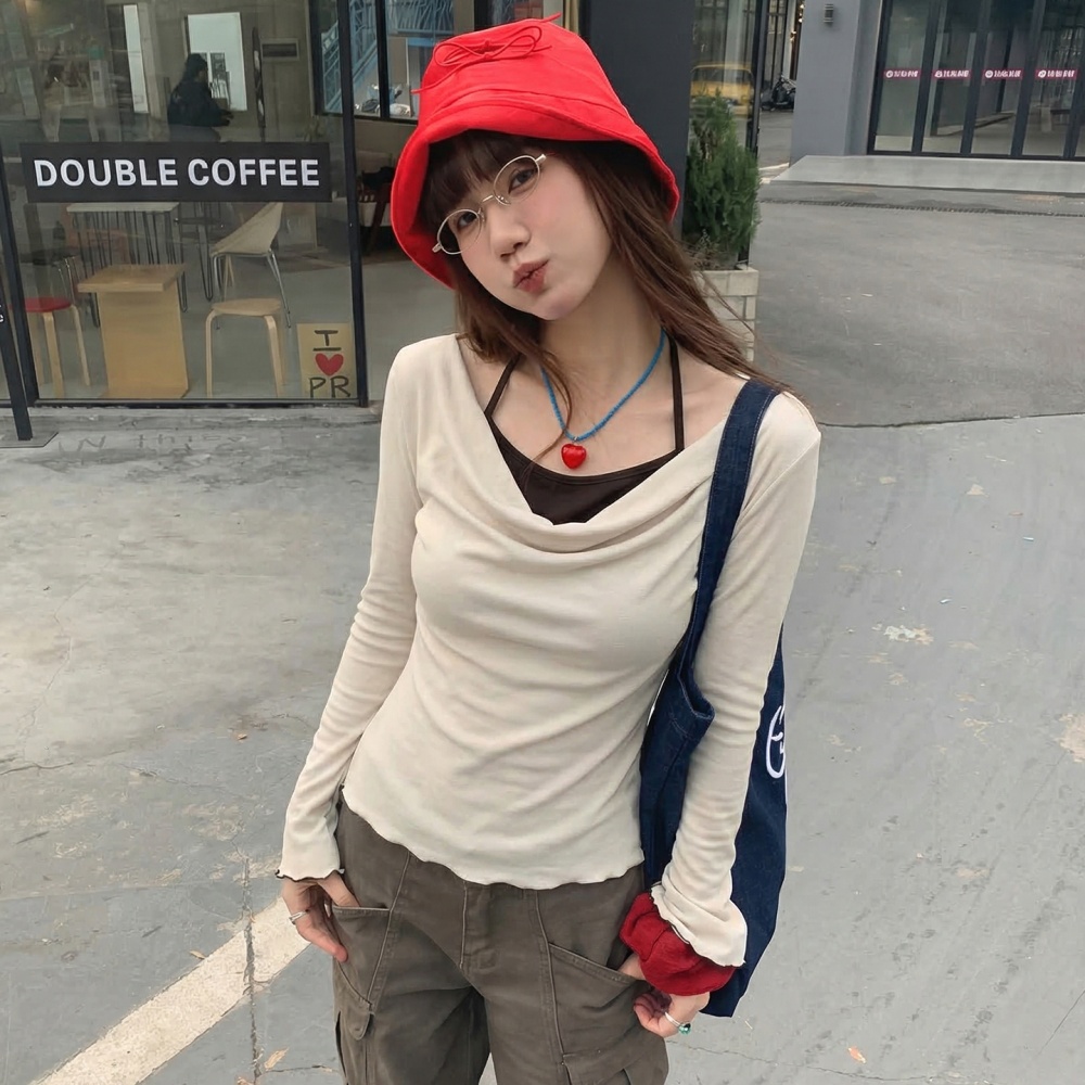 Autumn mixed colors tops all-match Pseudo-two T-shirt for women