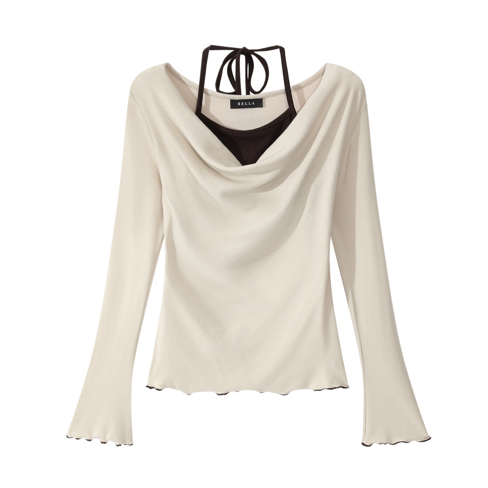 Autumn mixed colors tops all-match Pseudo-two T-shirt for women
