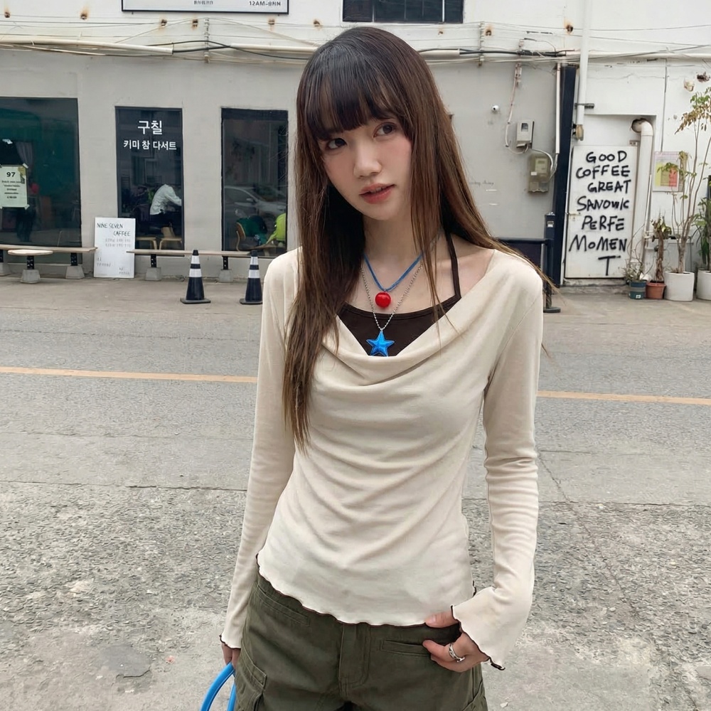 Autumn mixed colors tops all-match Pseudo-two T-shirt for women