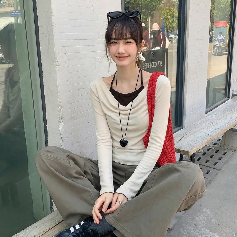 Autumn mixed colors tops all-match Pseudo-two T-shirt for women