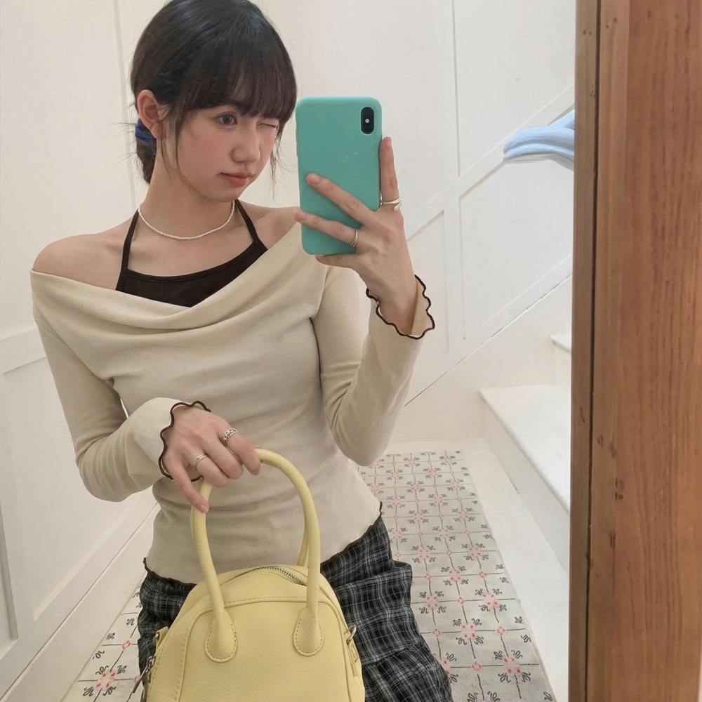 Autumn mixed colors tops all-match Pseudo-two T-shirt for women
