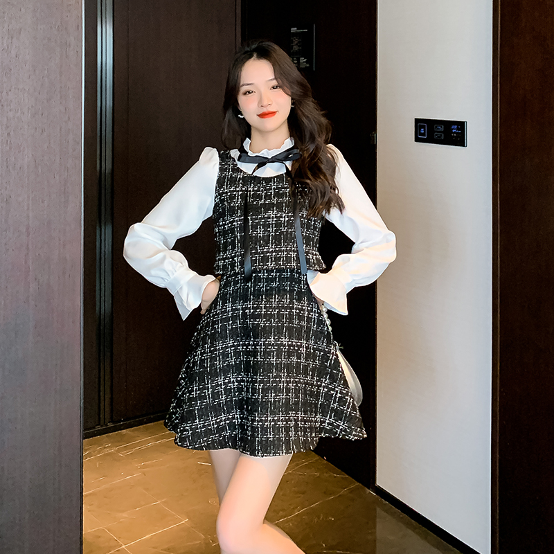 Chanelstyle woolen Pseudo-two dress a set for women