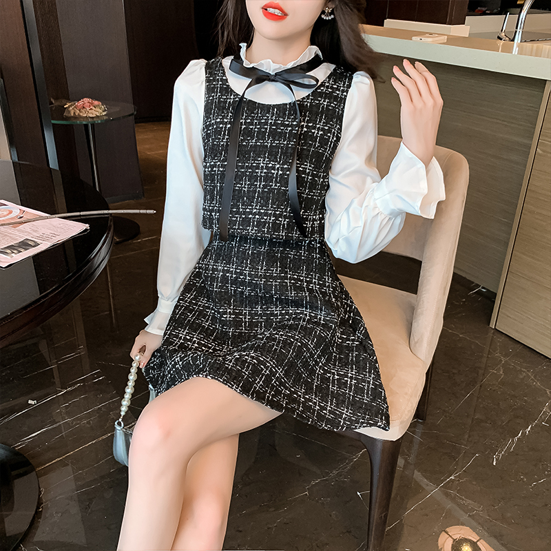 Chanelstyle woolen Pseudo-two dress a set for women