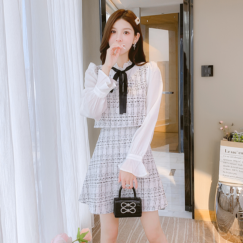 Chanelstyle woolen Pseudo-two dress a set for women