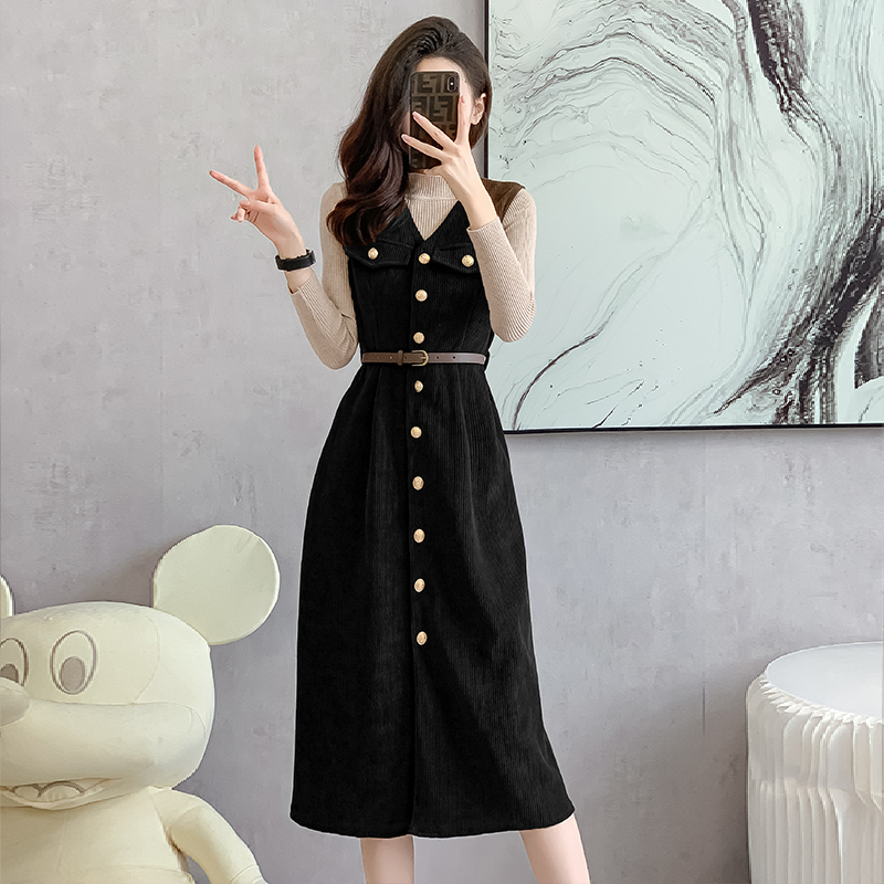 Single-breasted vest temperament dress 2pcs set