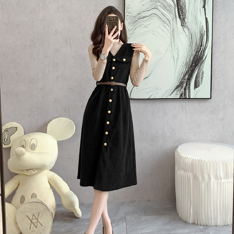 Single-breasted vest temperament dress 2pcs set