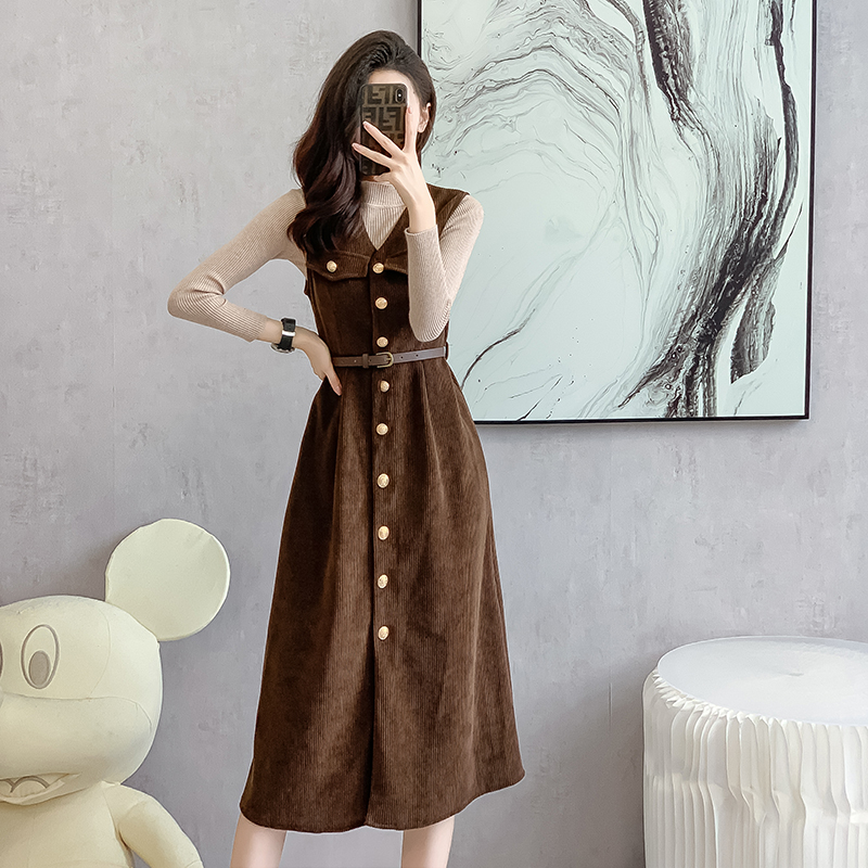 Single-breasted vest temperament dress 2pcs set