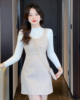 Show young slim with dress woolen strap strap dress 2pcs set