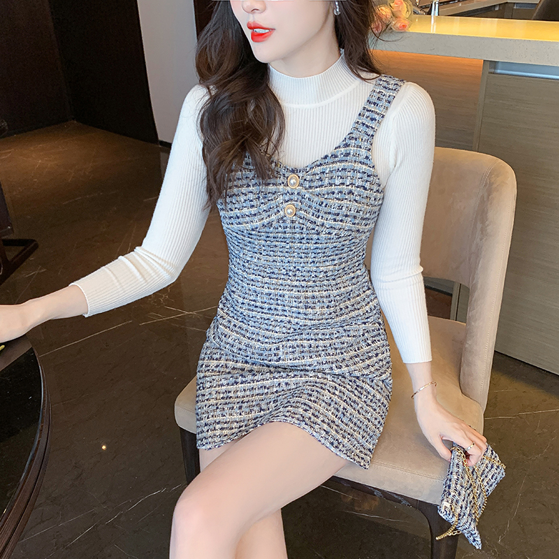 Show young slim with dress woolen strap strap dress 2pcs set
