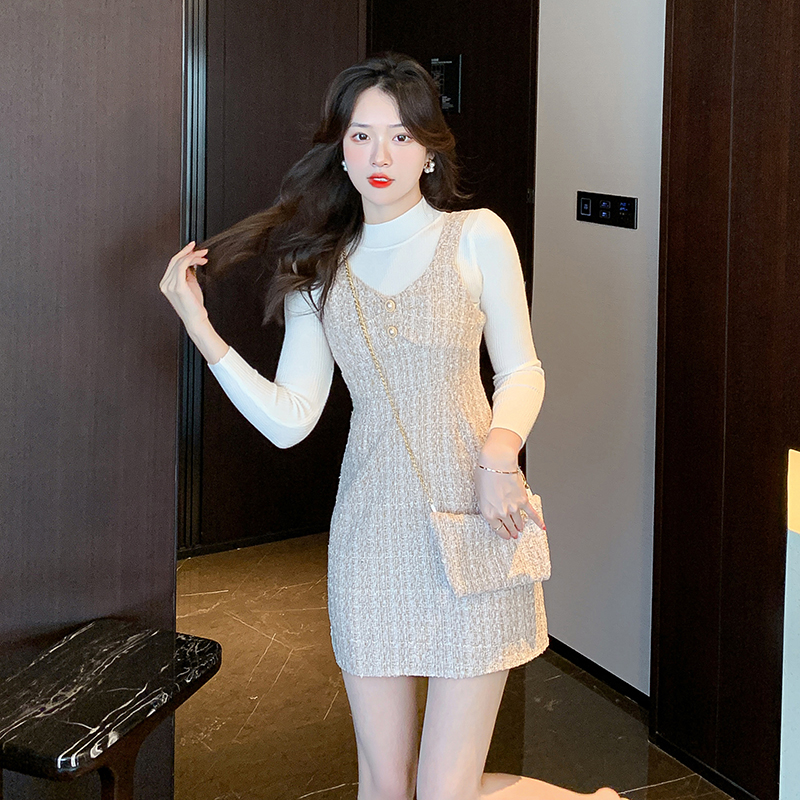 Show young slim with dress woolen strap strap dress 2pcs set