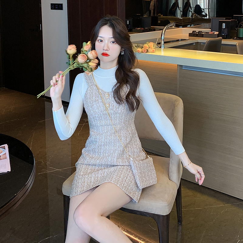 Show young slim with dress woolen strap strap dress 2pcs set