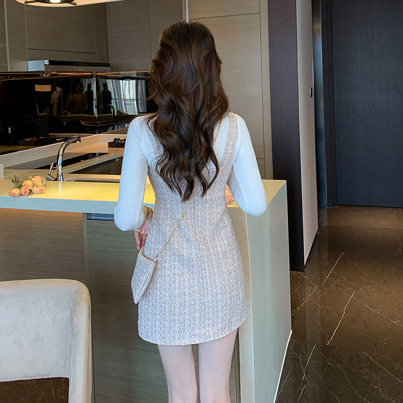 Show young slim with dress woolen strap strap dress 2pcs set