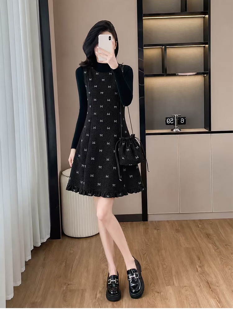 Autumn woolen bag bow long sleeve vest 2pcs set for women