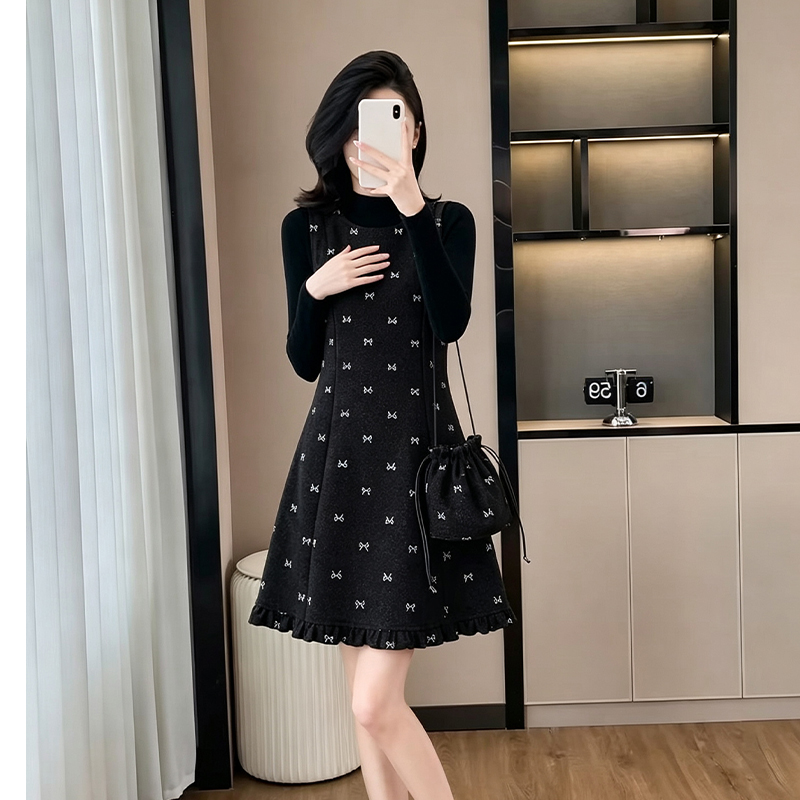 Autumn woolen bag bow long sleeve vest 2pcs set for women