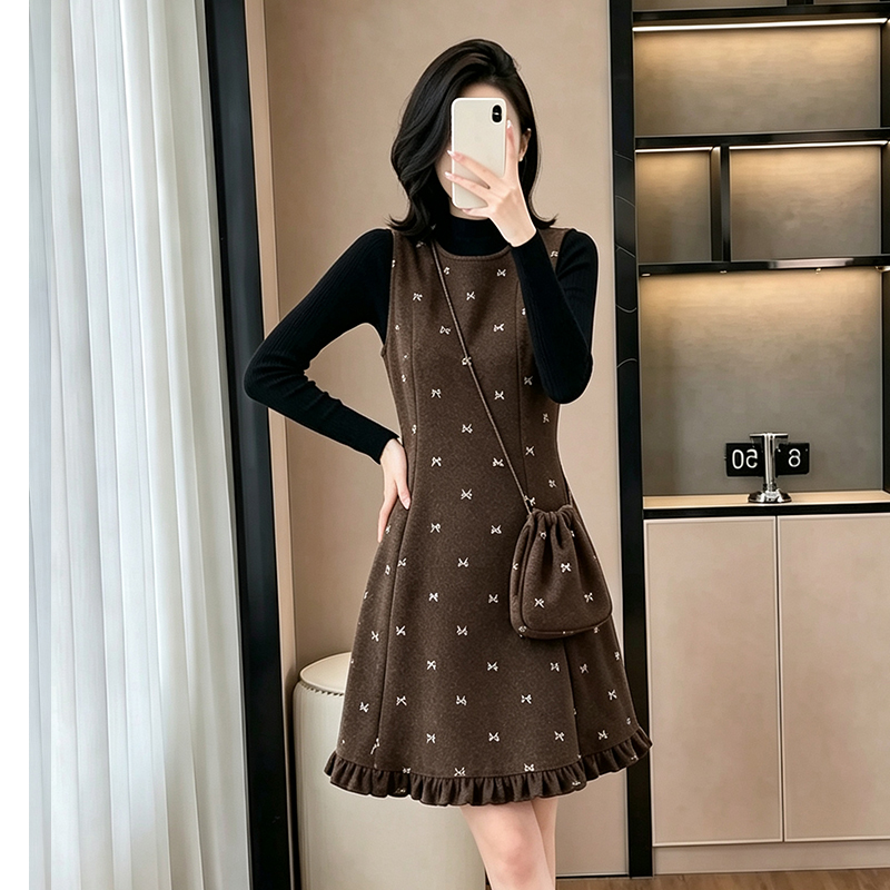 Autumn woolen bag bow long sleeve vest 2pcs set for women