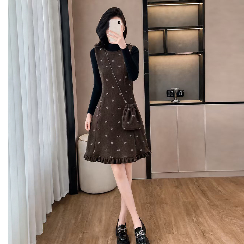 Autumn woolen bag bow long sleeve vest 2pcs set for women
