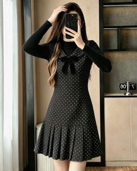 Bow autumn pleated dress knitted polka dot sweater a set