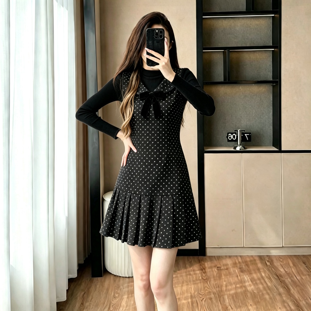 Bow autumn pleated dress knitted polka dot sweater a set